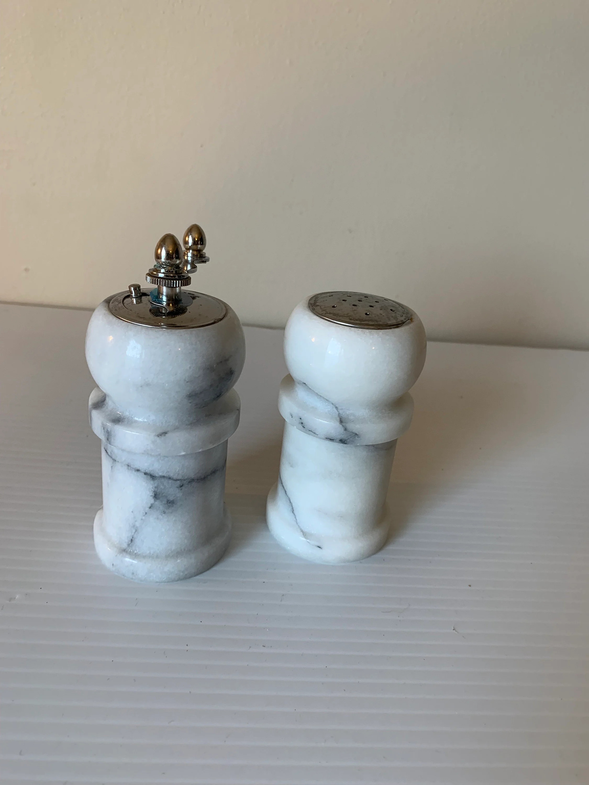 White Marble Salt Shaker Pepper Mill Set, Gray Veining, Vintage Kitchen Decor, Table Seasoning Du... | Etsy (US)