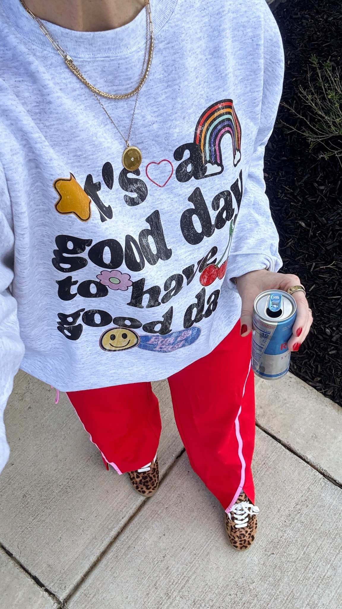 Graphic sweatshirt, red bow sweats, leopard sneakers 

#LTKFindsUnder50 #LTKootd #LTKmomlife