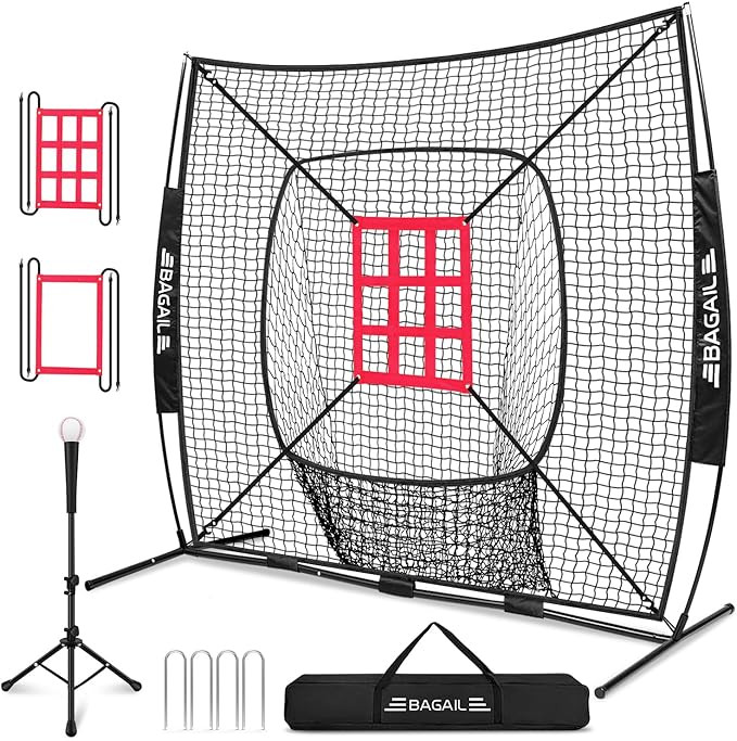 BAGAIL 7x7 ft Baseball & Softball Training Net | Includes Batting Tee & 2 Strike Zones, Heavy Dut... | Amazon (US)