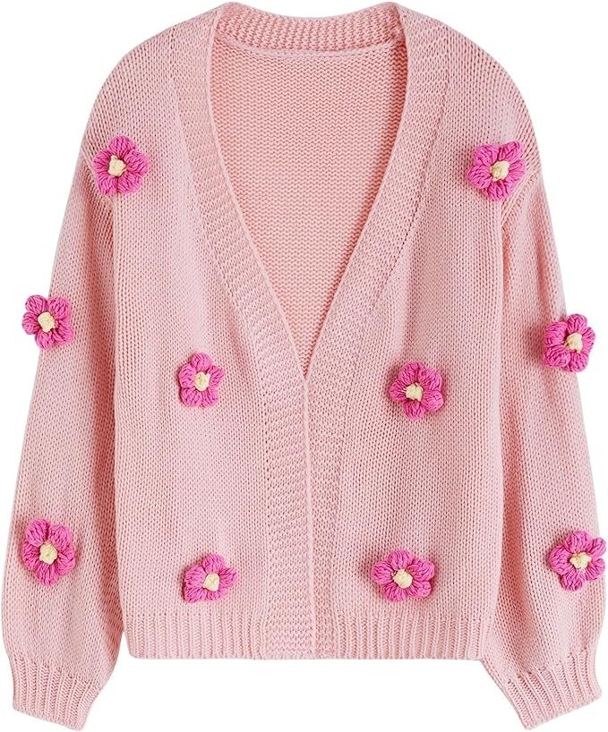 CHICWISH Women's White/Pink/Black/Tan/Lilac 3D Stitch Flower Open Front Knit Cardigan | Amazon (US)