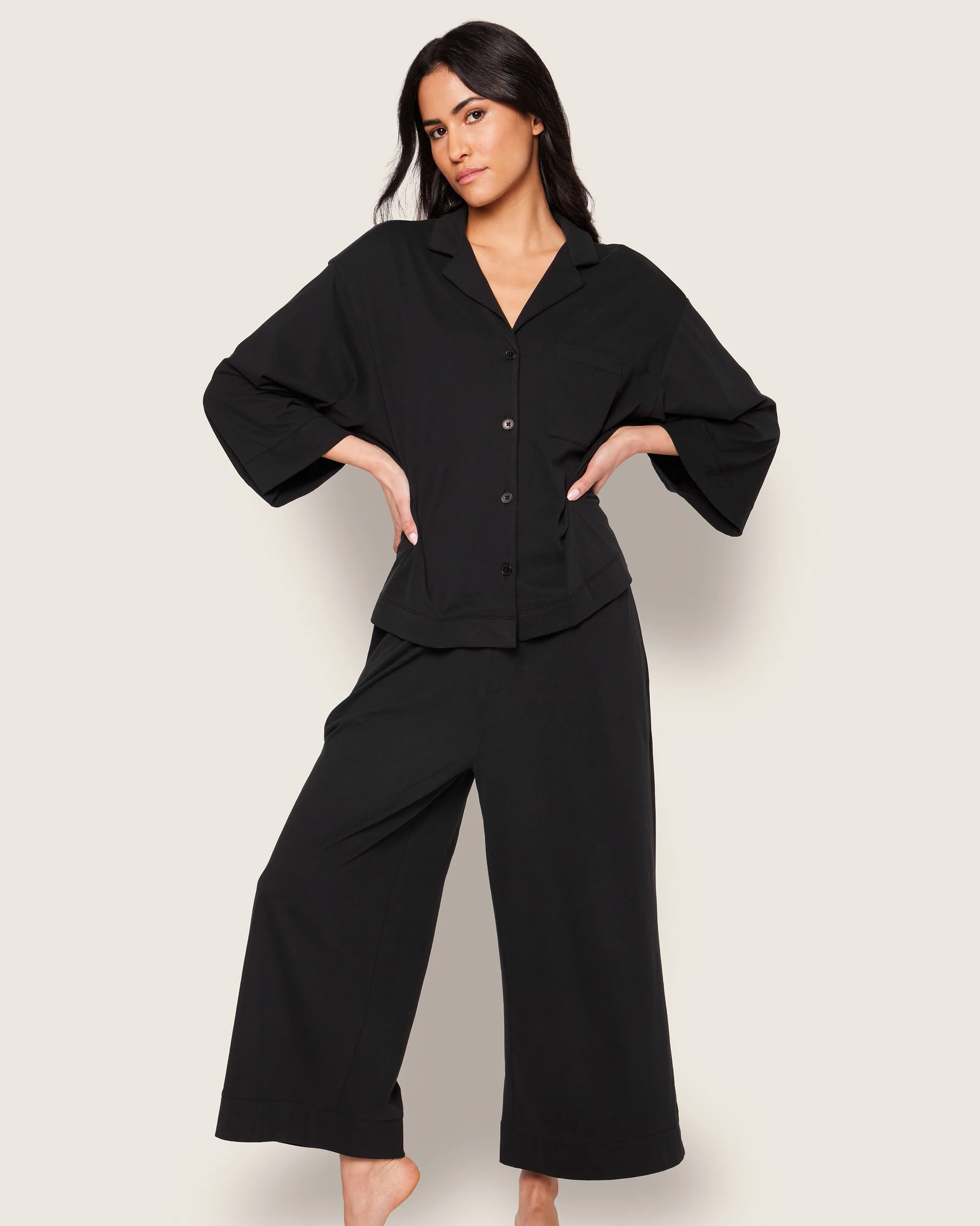 The Olivia Wide Leg Pima Pajama Set in Black | Petite Plume