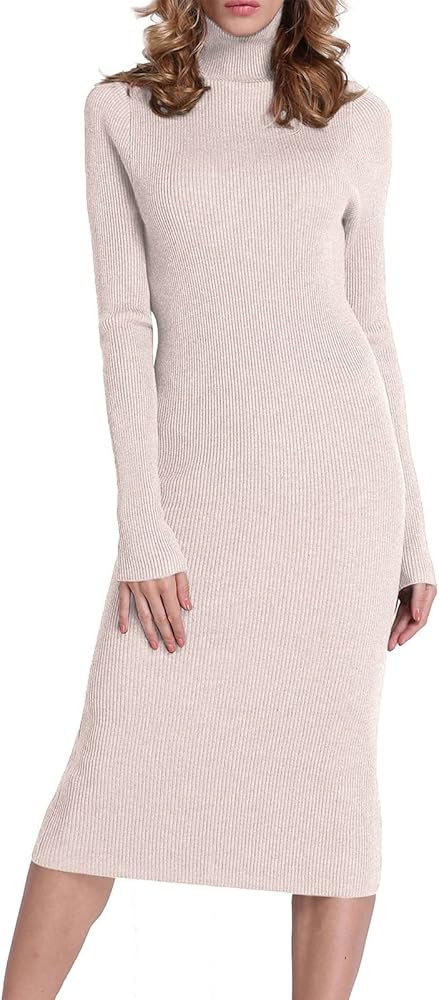 Rocorose Women's Turtleneck Ribbed Elbow Long Sleeve Knit Sweater Dress | Amazon (US)