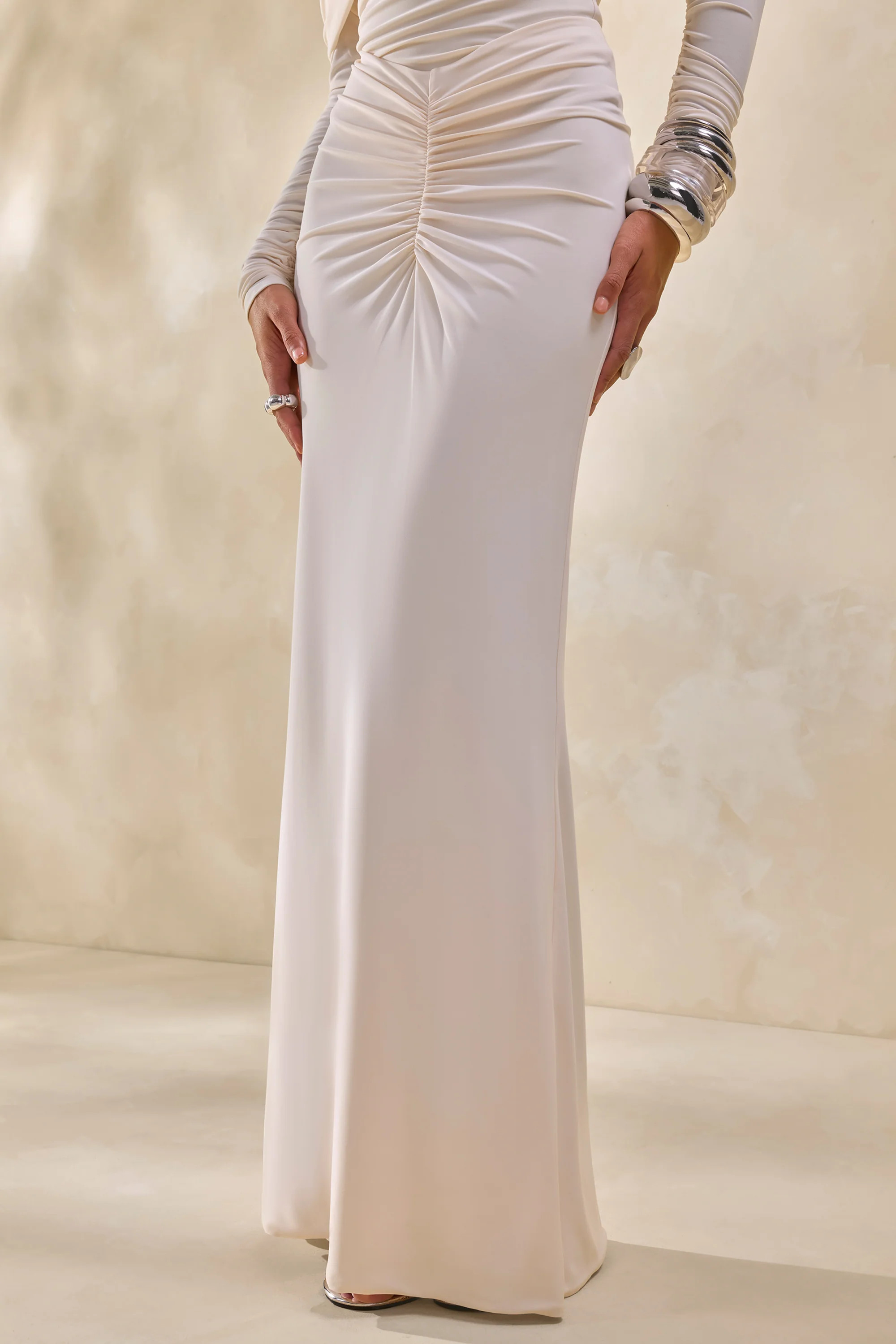 Micaela | Cream Ruched Maxi Skirt | Club L London