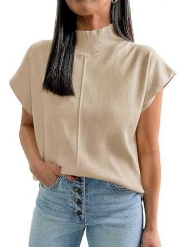 Saodimallsu Womens Summer Cap Sleeve Tops Mock Neck Knit Sweater Vest Sleeveless Work Elegant Shirts Apricot | Amazon (US)