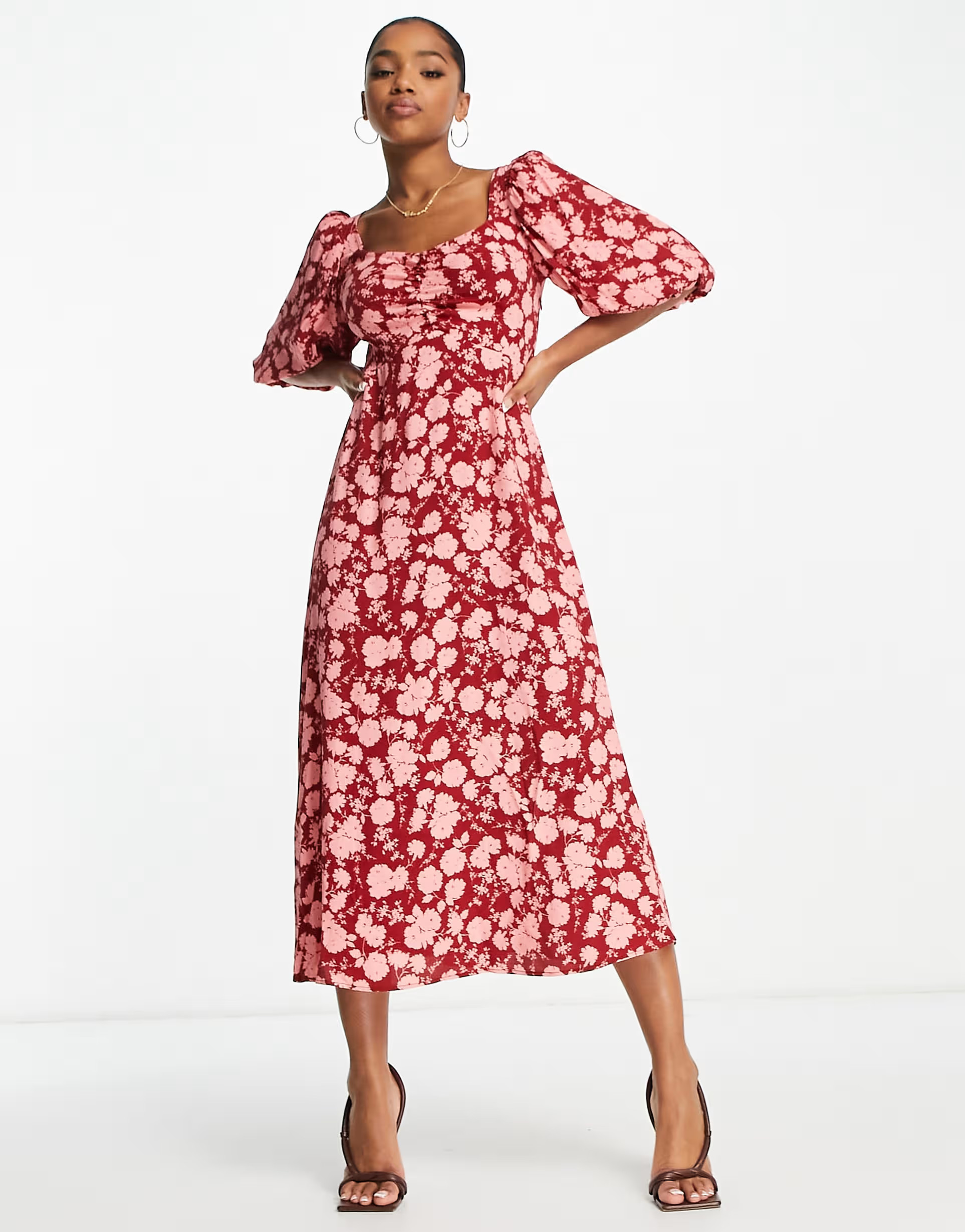 Nobody's Child Kenya puff sleeve midi dress in red floral | ASOS | ASOS (Global)
