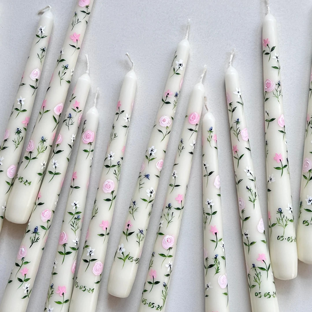 Personalised Wedding Candles, Floral Candles, Painted Candles, Wedding Candles, Hand Painted Wedd... | Etsy (US)