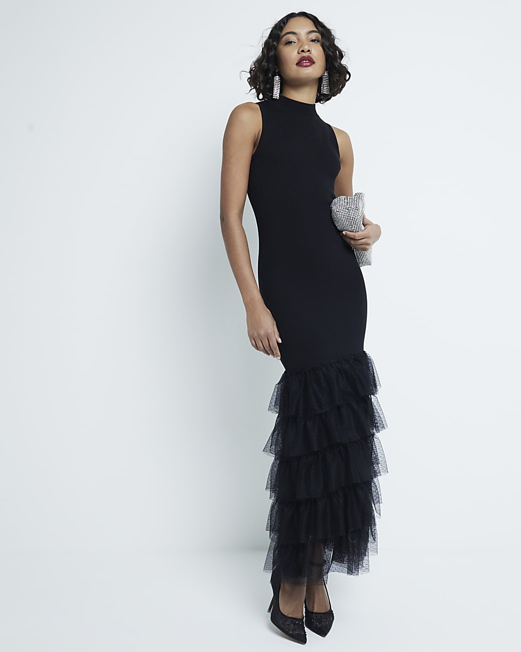 Black Tulle Sleeveless Maxi Column Dress | River Island UK & IE
