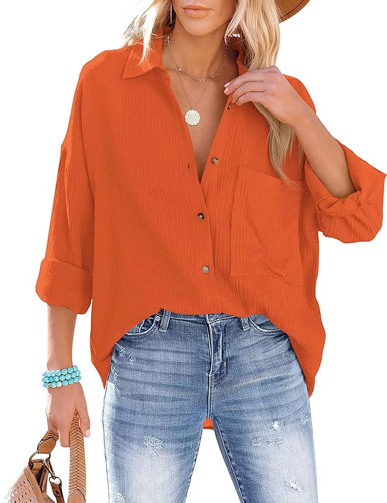 Oversized Button Down Shirts for Women Cotton Boyfriend Long Sleeve Work Blouses Tops | Amazon (US)