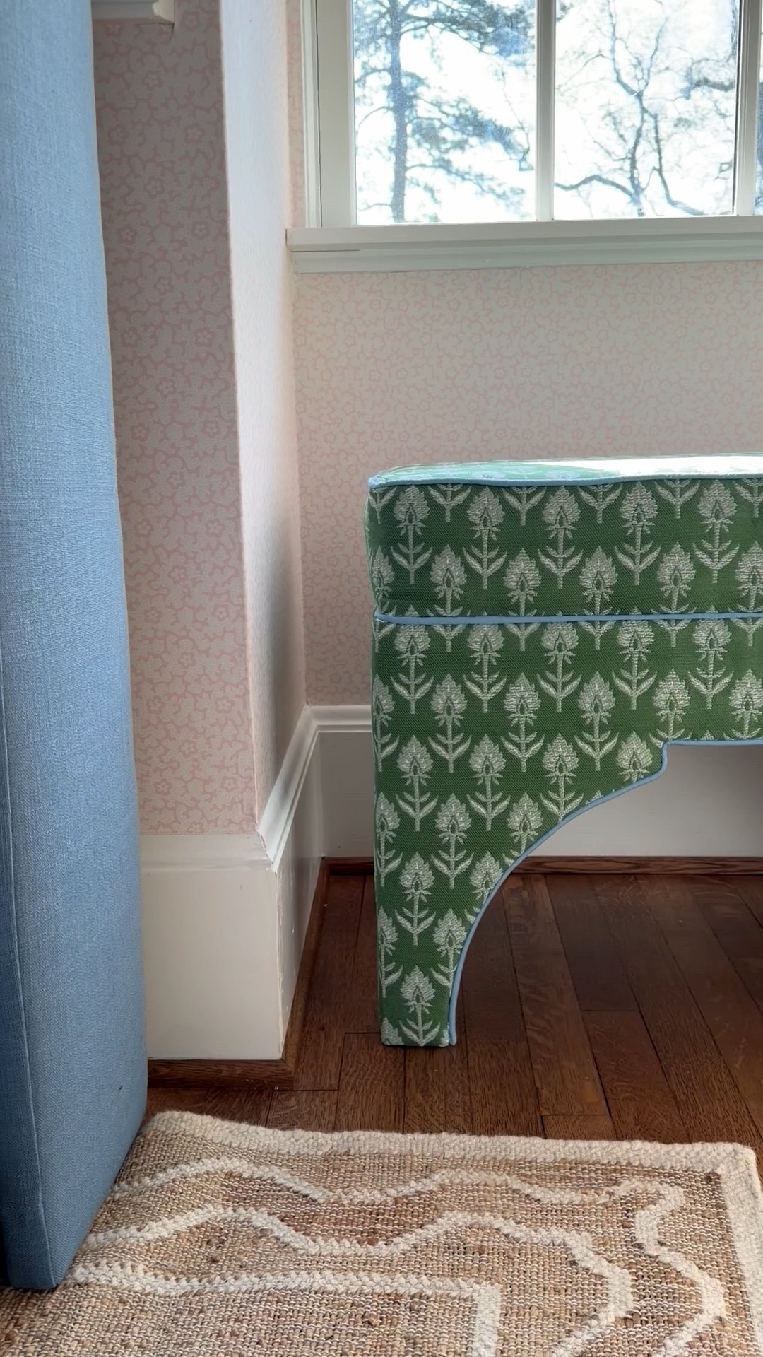  Trial fiber rug pink wallpaper stool end of bed bench 

#LTKmorningroutine #LTKKids #LTKHome