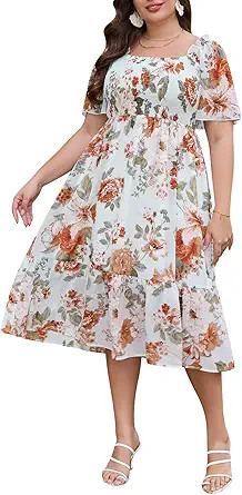 Keluummi Plus Size Wedding Guest Midi Dresses for Curvy Women, Summer Casual Boho Floral Smocked ... | Amazon (US)