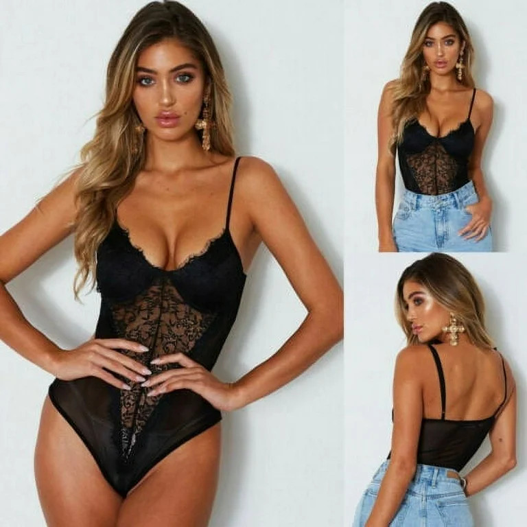 Womens Bodycon Bodysuit Lace Lingerie Sleeveless V Neck Leotard Jumpsuit Tops - Walmart.com | Walmart (US)