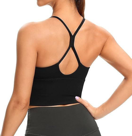 Lemedy Women Strappy Longline Removable Padded Sports Bras Workout Yoga Running Crop Tank Tops | Amazon (US)