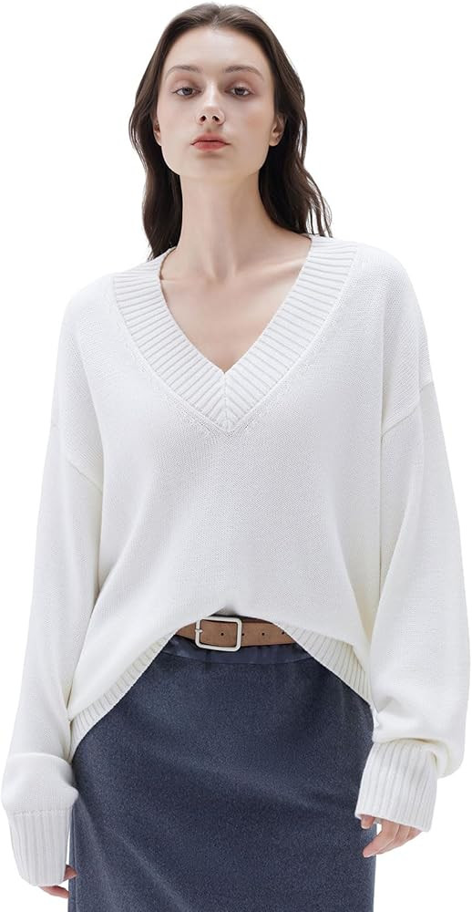 SUUKSESS Women Cashmere Oversized V Neck Pullover Sweaters Long Sleeve Jumpers | Amazon (US)