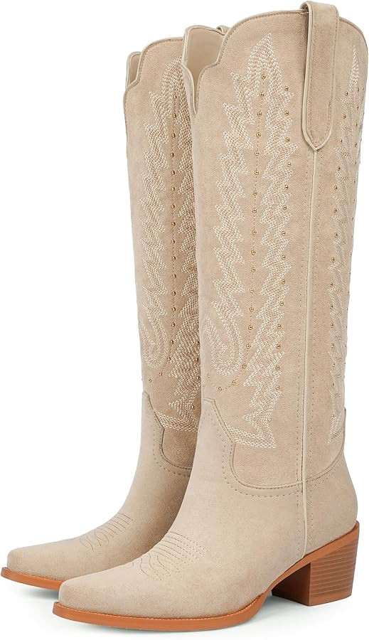 Women's Knee High Cowboy Boots - 2.2 Inch Chunky Heel Pointed Toe Cowgirl Boots, Studded Embroide... | Amazon (US)