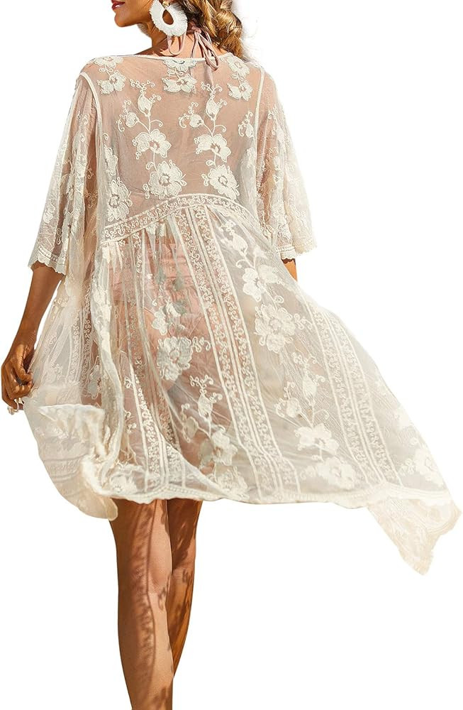 papasgix Womens Beach Coverups Lace Kimono Cardigan Floral Crochet Sheer Swimsuit Beach Cover Ups | Amazon (CA)