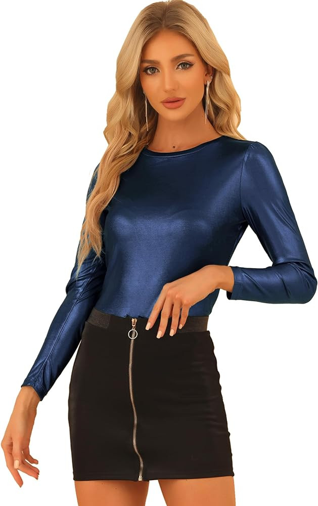 Allegra K Women's Christmas Long Sleeve Sparkly Party Glitter Shiny Metallic Tops Shirt | Amazon (US)