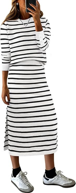 ANRABESS 2 Piece Skirts Sets For Women Fall Fashion 2025 Striped Sweater Midi Dress Knit Lounge T... | Amazon (US)
