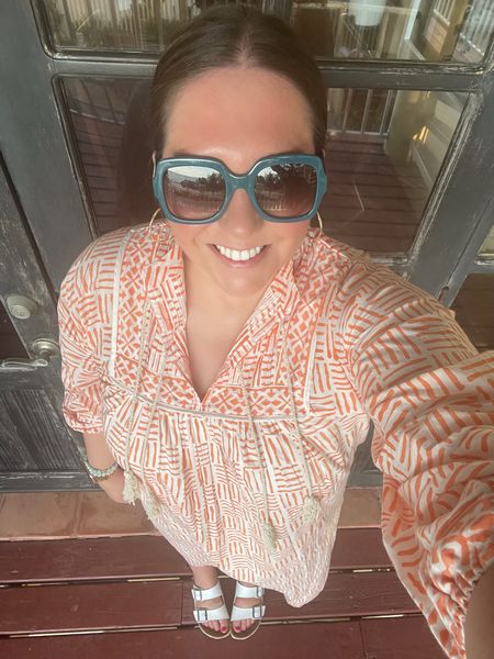 Another outfit from our trip. I loved having sleeves for a breezy night. Plus these sunglasses are just a really fun color and added a little more color to my outfit. I paired it with gold hoops and Birkenstocks to keep us casual  

#LTKstyletip #LTKtravel #LTKswim