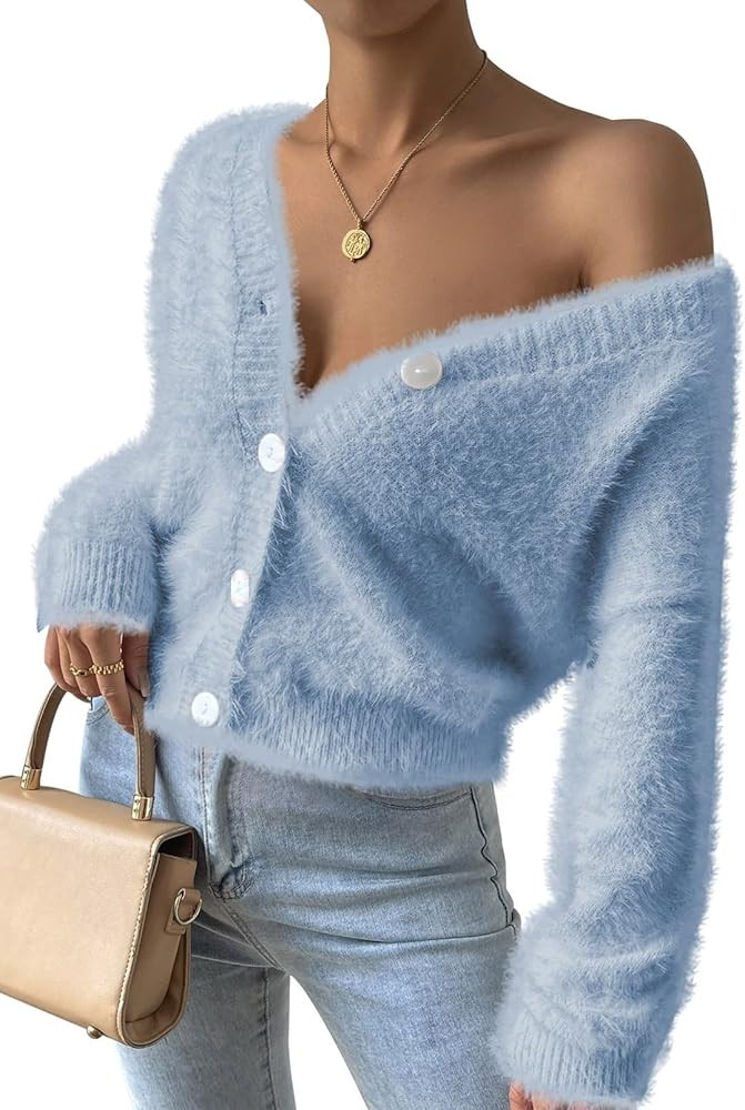 Pink Queen Women's Furry Cropped Cardigan Batwing Sleeves Open Front V-Neck Button Down Loose Cas... | Amazon (US)