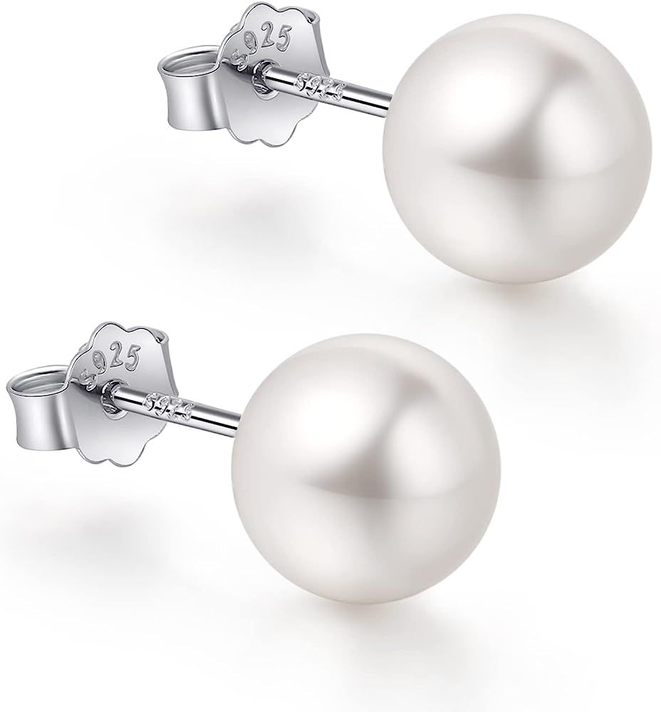 18K White Gold Plated Sterling Silver Post Faux Pearl Stud Earrings for Women Girls, White Pearl ... | Amazon (US)