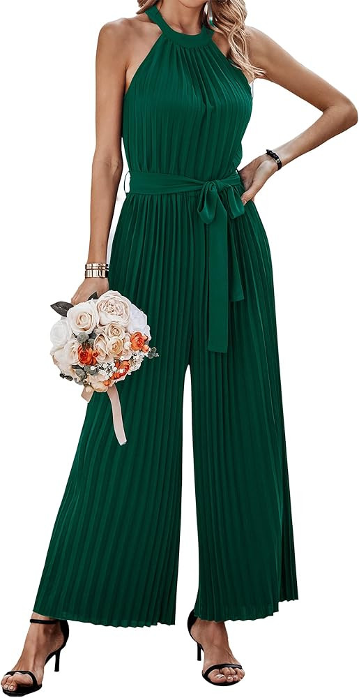 KIRUNDO Women 2024 Summer Halter Neck Sleeveless Pleated High Waist Belted Dressy Wide Leg Pant O... | Amazon (US)