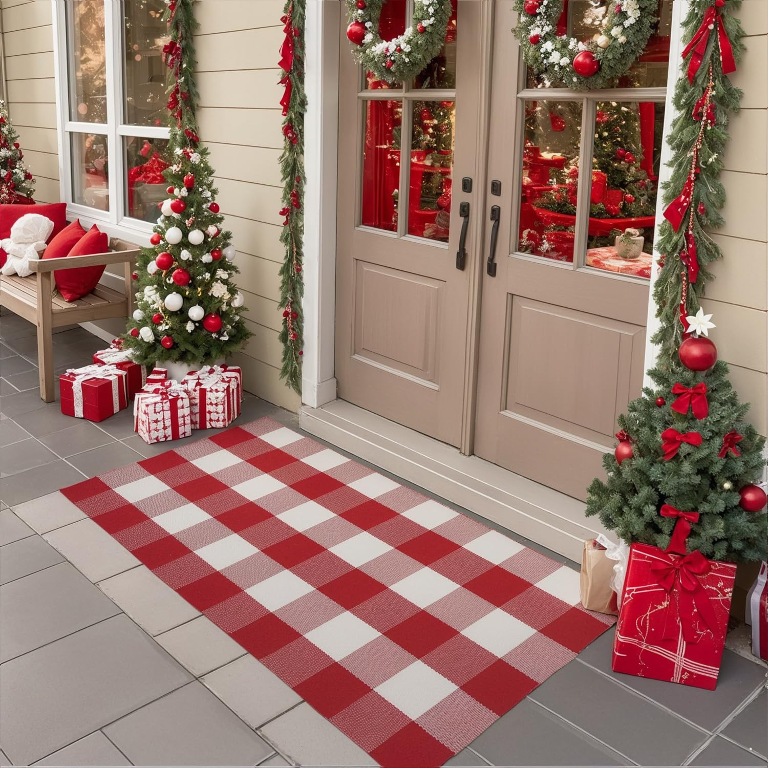 SEEKSEE Cotton Buffalo Plaid Rug 24"x52" Red and White Checked Rug Washable Doormats Indoor Outdo... | Amazon (US)