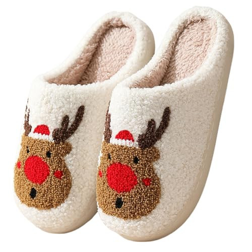 Christmas Slippers for Women, Cute House Shoes with Reindeer, Santa Claus, Gingerbread Man, Xmas Tree, Adult Fluffy Winter Home Slides for Couples, Kawaii Fuzzy Cozy (Elk Red, 9) | Amazon (US)