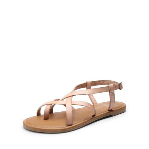 DREAM PAIRS Women's Flat Sandals Strappy Dressy Comfortable Ankle Strap Casual Summer Thong Sandals for Beach,Size 9.5,Natural-Pu,SDFS2401W | Amazon (US)