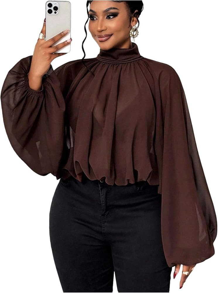 GORGLITTER Women's Plus Size Blouses Business Casual Fall Mesh Lantern Long Sleeve Mock Neck Work... | Amazon (US)