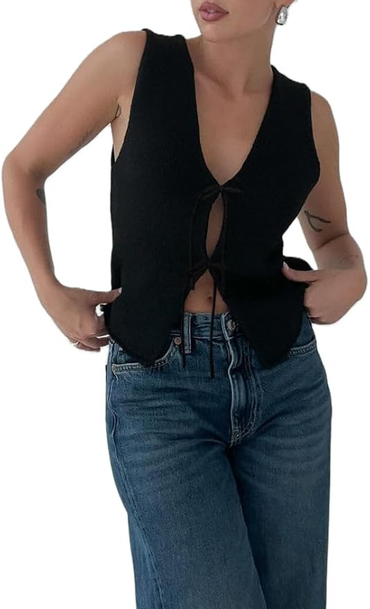 Women Y2k Button Down Crochet Knit Vest Sleeveless Hollow Out Crop Tops Vintage Casual V-Neck Ver... | Amazon (US)