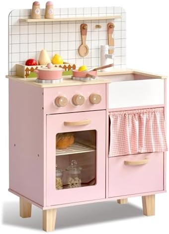 Pink Wooden Play Kitchen with Realistic Features & Accessories, Pretend Cooking Toy for Kids 3+, ... | Amazon (US)