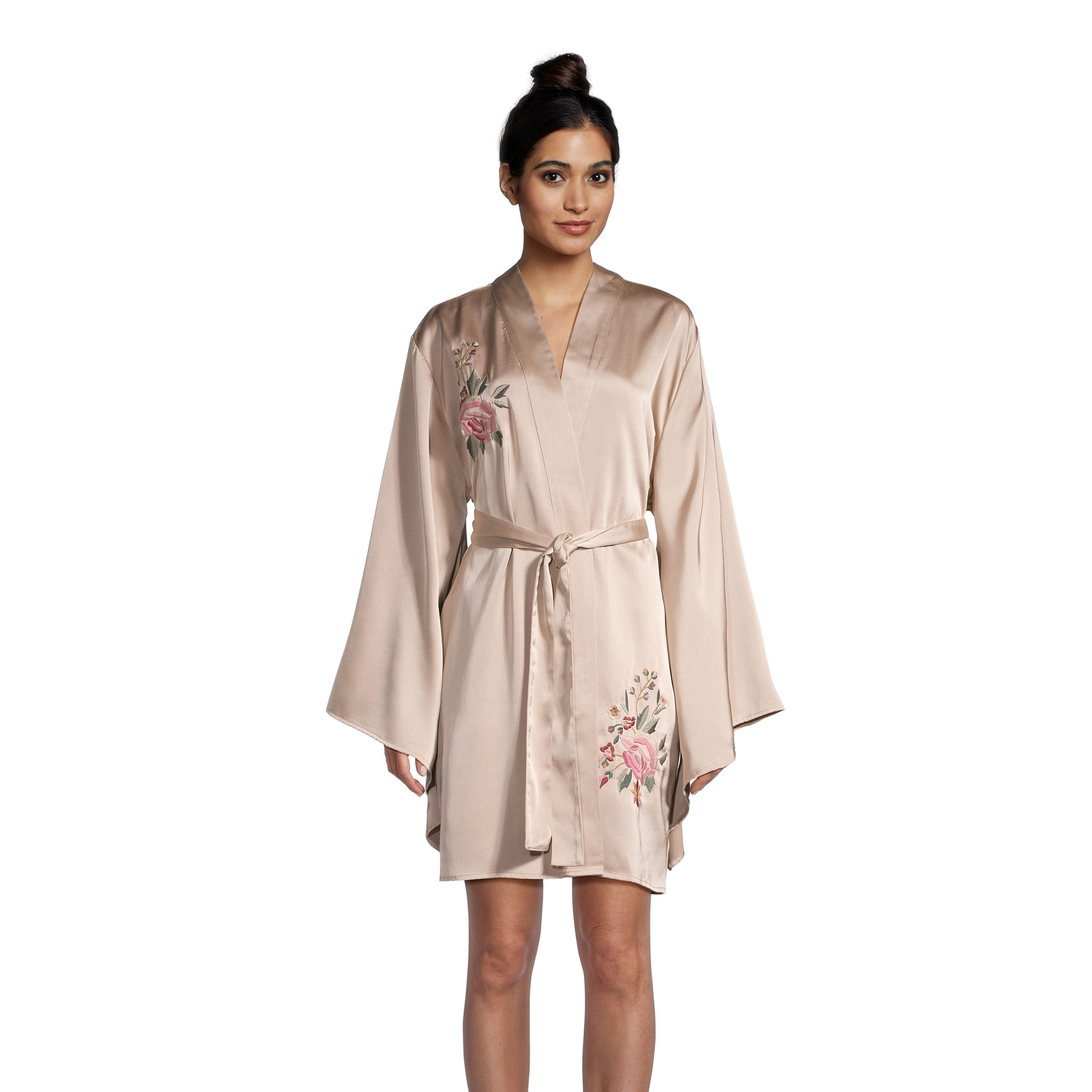 Champagne Satin Floral Embroidered Kimono Robe | World Market