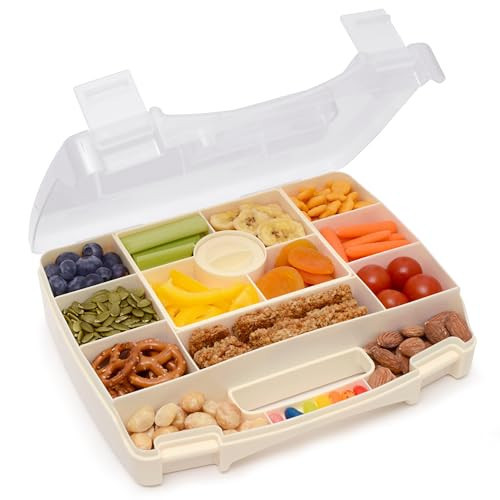 PrimaStella Snacktainer Travel Snack Box - 15 Compartment Snackle Box with Handle and Removable Tray with Leakproof Dip Cup - for Snacks, Road Trips, Airplane Travel (Cream) | Amazon (US)