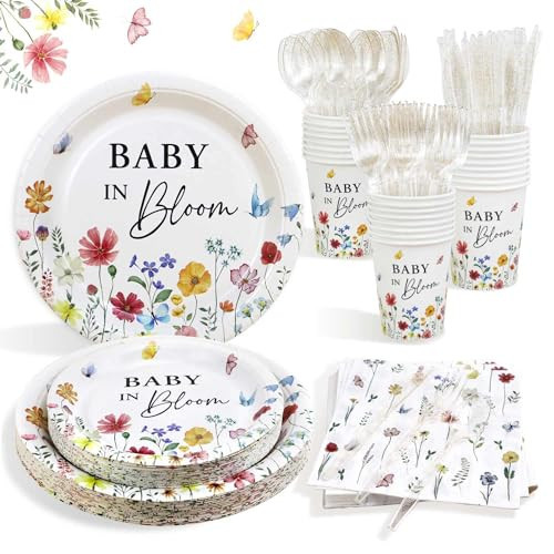 Lopeastar 175Pcs Spring Baby In Bloom Baby Shower Decorations Plates Set, Wildflower Floral Baby Shower Paper Plates Napkins Cups and Cutlery Set for 25 Guests | Amazon (US)
