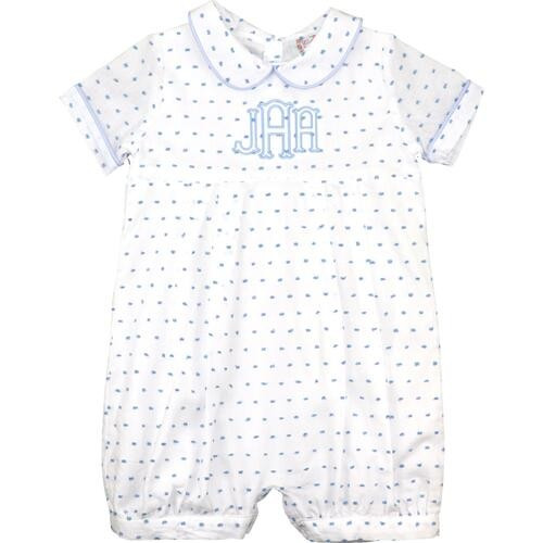 Blue Swiss Dot Pleated Short Romper - Shipping Late March | Cecil and Lou