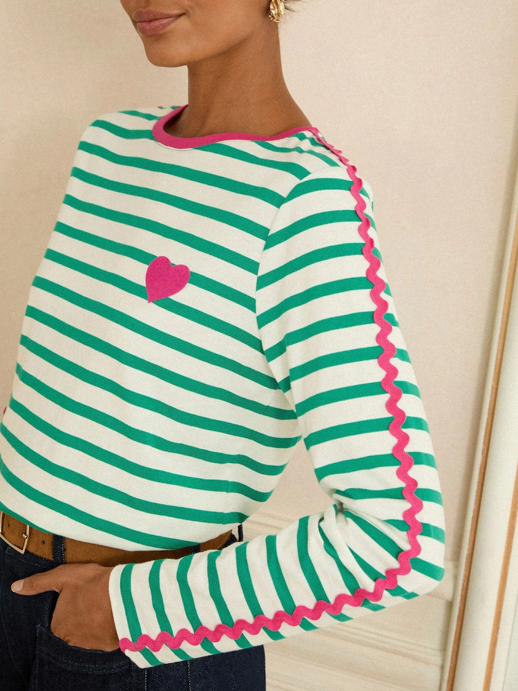 Green Stripe Heart Ric Rac Trim - Love & Roses Long Sleeve Top | Next EU