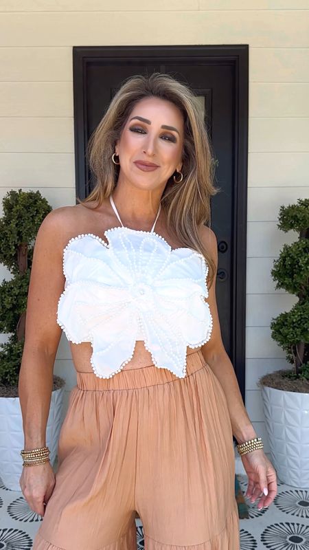 Spring outfit, summer outfit, vacation outfit, white pearl flower halter top, wide leg palazzo pants, espadrilles, elastic waistband boho tiered pants, festival outfit

#LTKstyletip #LTKFestival #LTKVideo