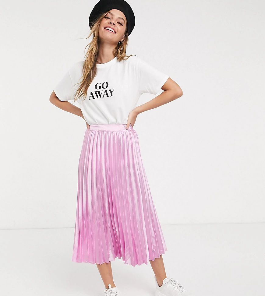 Miss Selfridge Petite pleated midi skirt in pink | ASOS (Global)