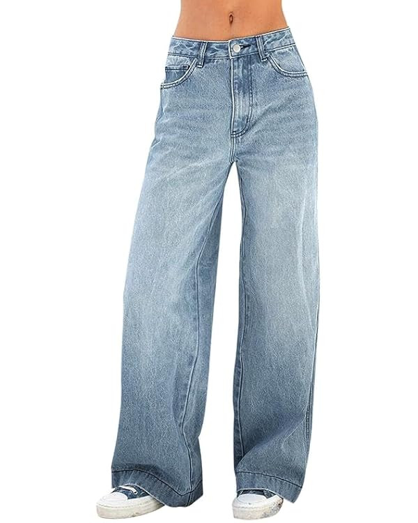 EMMIOL Women's 2025 Wide Leg Jeans Distress Mid Waist Denim Pants Vintage Y2K Trousers | Amazon (US)