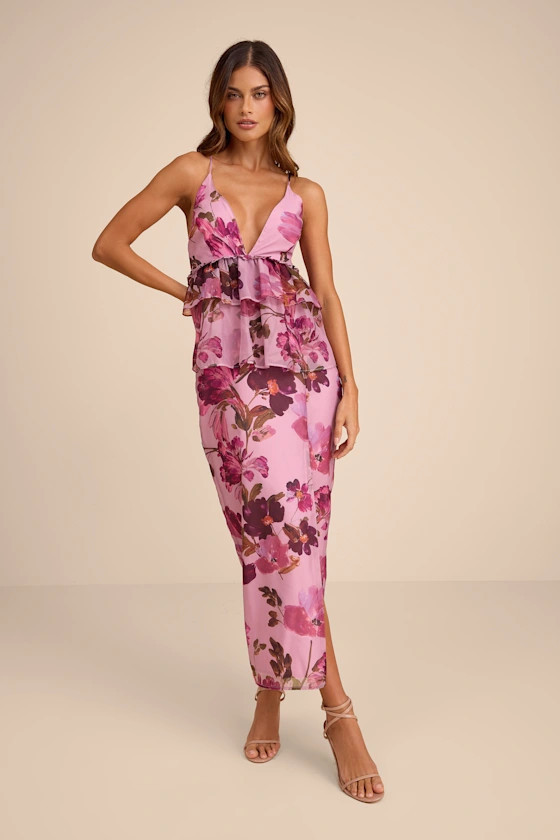 Abella Lilac Floral Peplum Lace-Up Midi Dress | Lulus