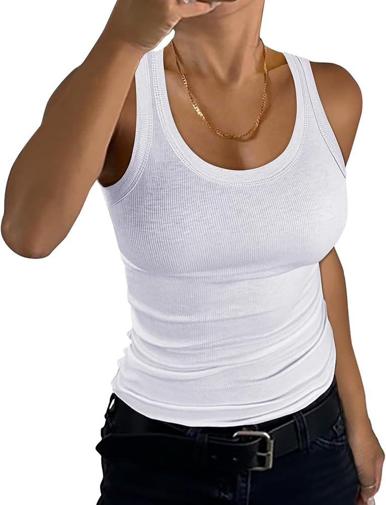 GEMBERA Womens Scoop Neck Sleeveless Racerback Ribbed Knit Slim Fitted Basic Tank Top Shirt | Amazon (US)