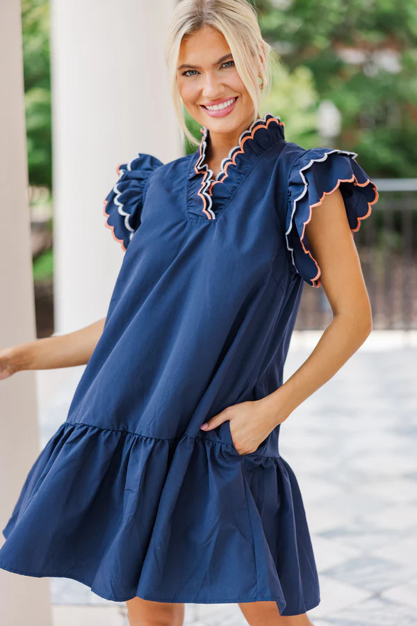 It's All A Game Navy Blue Scalloped Dress | The Mint Julep Boutique