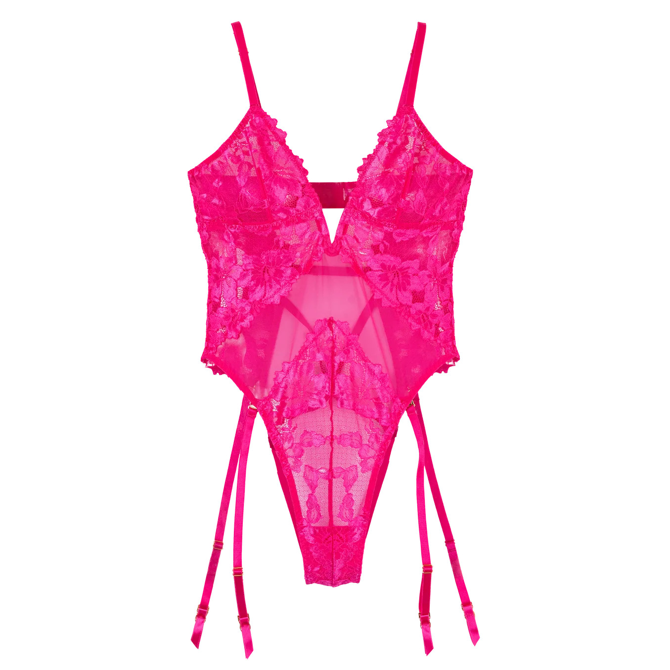 Lacy V-Plunge Teddy - Hot Pink | Mentionables
