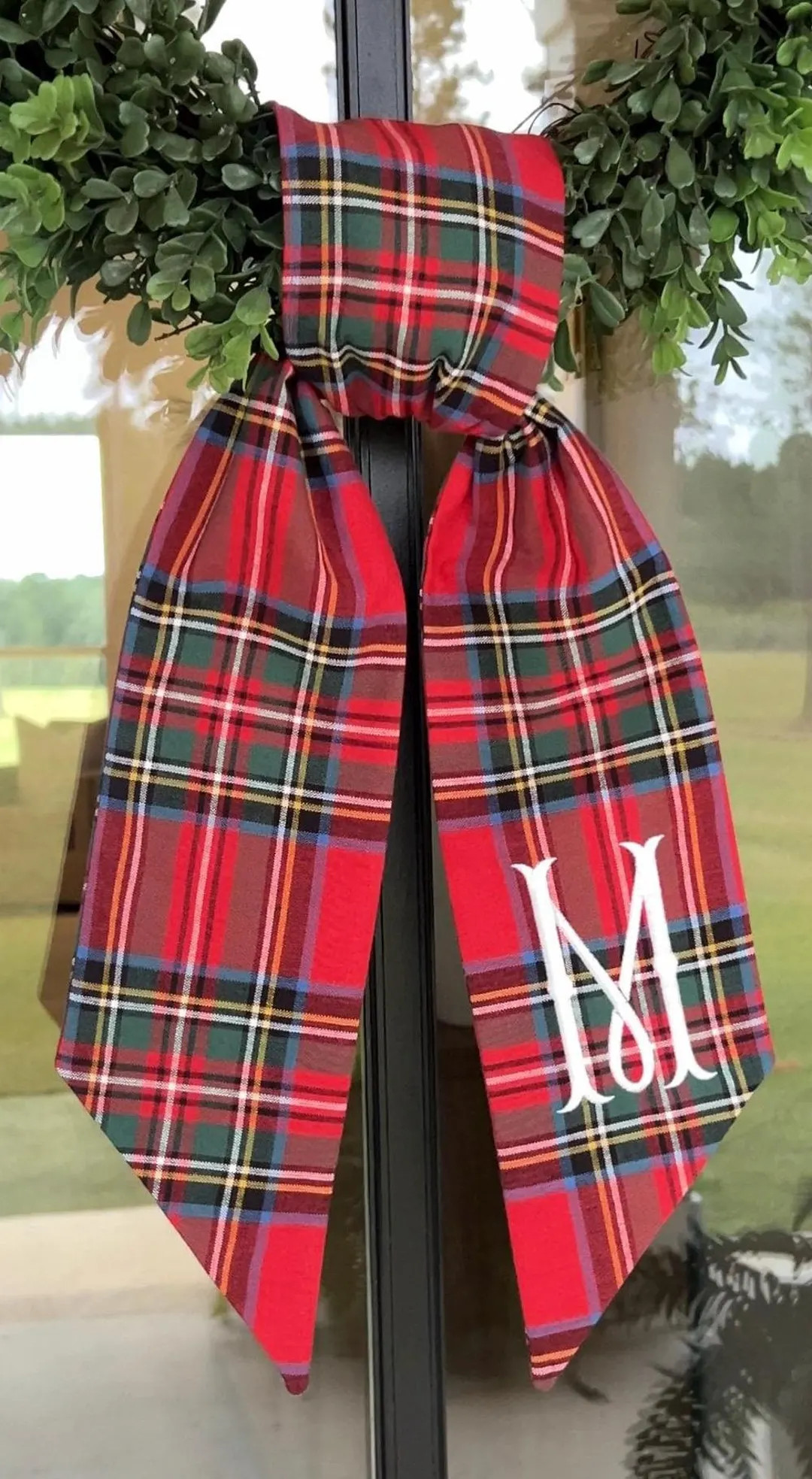 Christmas Red Plaid Plaid Wreath Sash With WHITE Initial Embroidered Front Door Wreath Decor - Et... | Etsy (US)
