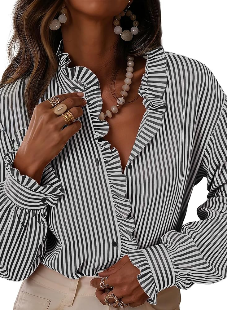 Astylish Womens Plaid Ruffle V Neck Button Down Blouse Casual Long Sleeve Gingham Trendy Tops Wor... | Amazon (US)