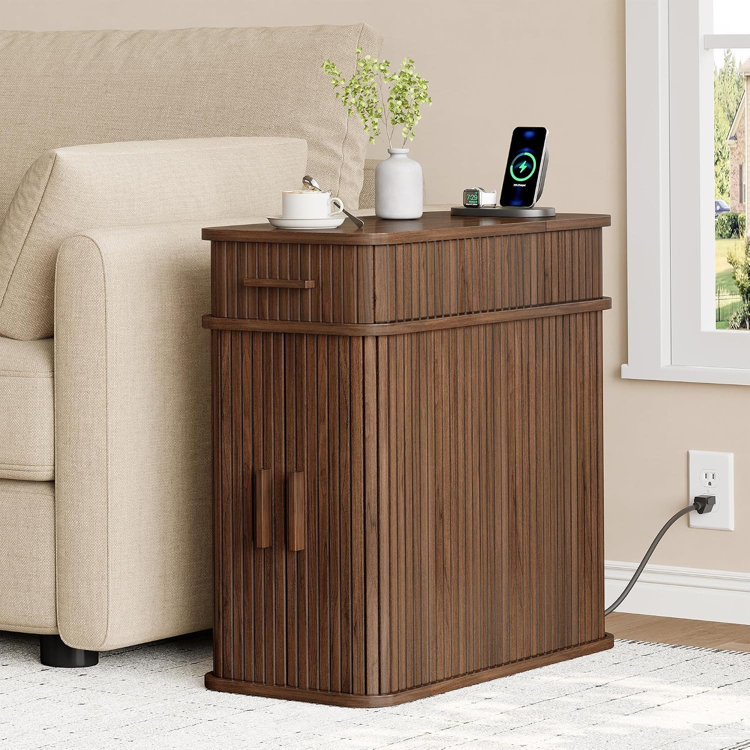 Fluted End Table with Charging Station, Narrow Side Table with Drawers, Wood Skinny Nightstand with Storage, Mid-Century Modern Bedside Tables for Small Space Living Room Bedroom Sofa Couch | Amazon (US)