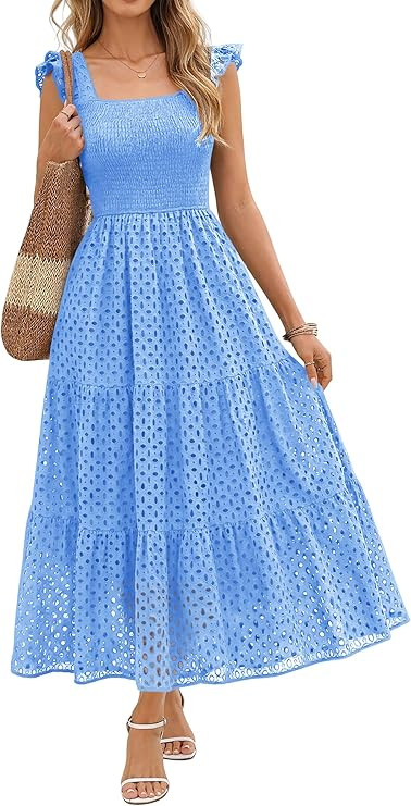 Lazysmile Womens Summer Maxi Dress Square Neck Ruffle Cap Sleeve Hollow Out Eyelet Smocked Tiered... | Amazon (US)