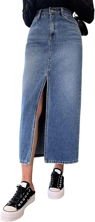 SweatyRocks Women's Casual Denim Skirt High Waist Split Front Long Jean Skirts | Amazon (US)