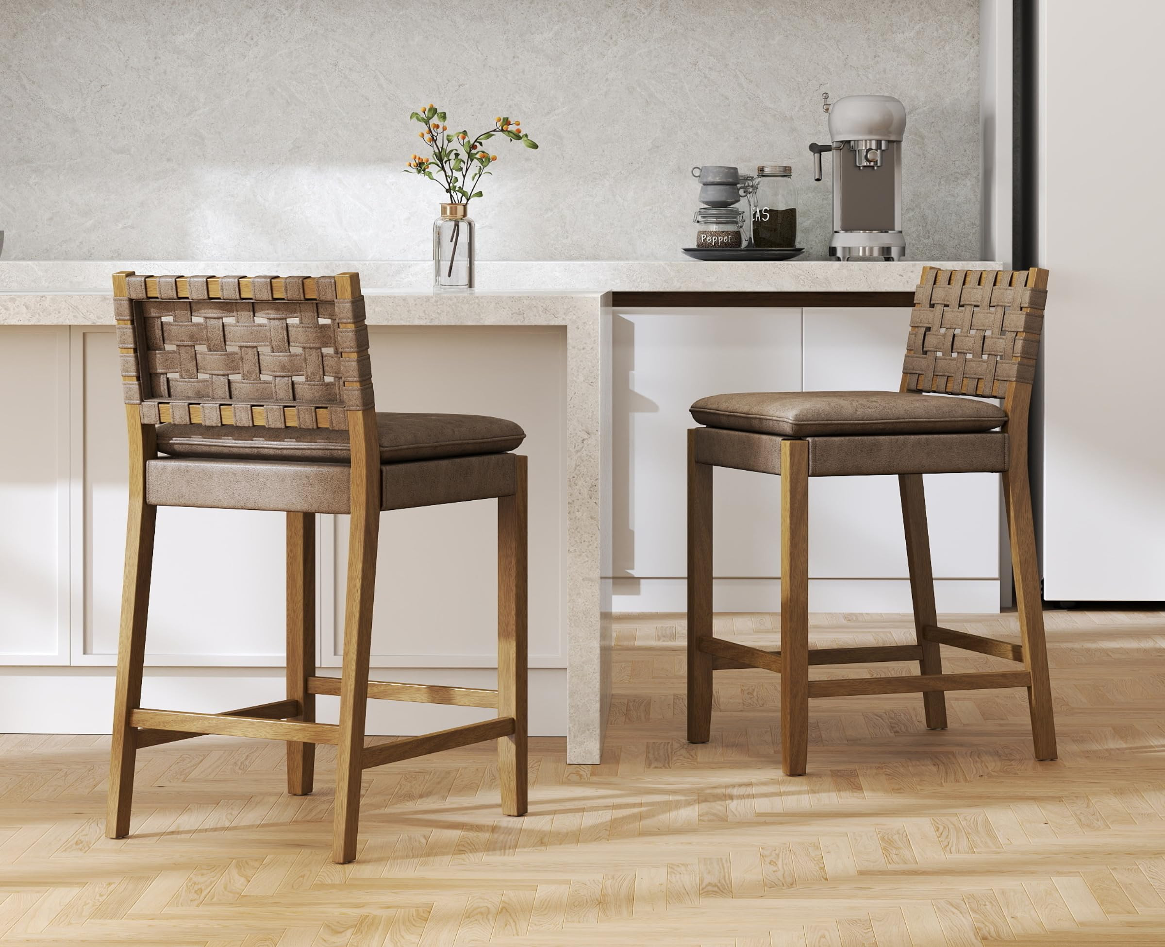EALSON Mid Century Rattan Bar Stools Set of 2 Modern Farmhouse Barstools with Leather Woven Backs 26 Inch Wooden Counter Stool Breakfast Upholstered Bar Chairs for Kitchen Island, Brown | Amazon (US)