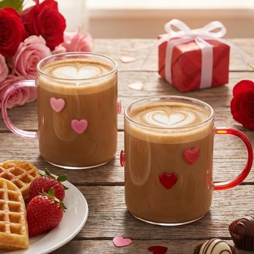 Potchen 2 Pcs Valentine Mug Heart Icon Juice Glass with Handle, 16 oz Red Pink Heart Glasses Sturdy Cute Drinking Cups Conversation Couple Gifts for Him/Her Women Girls Galentines Gifts | Amazon (US)